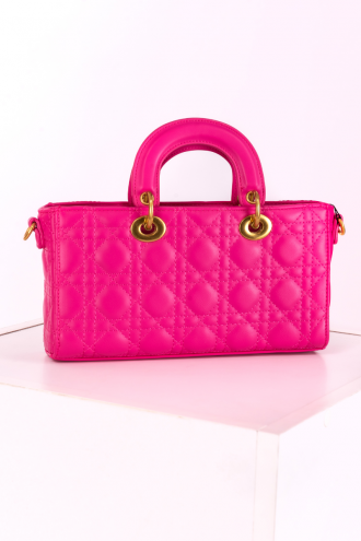 Малка дамска чанта в цикламено розово с дълга и къса дръжка