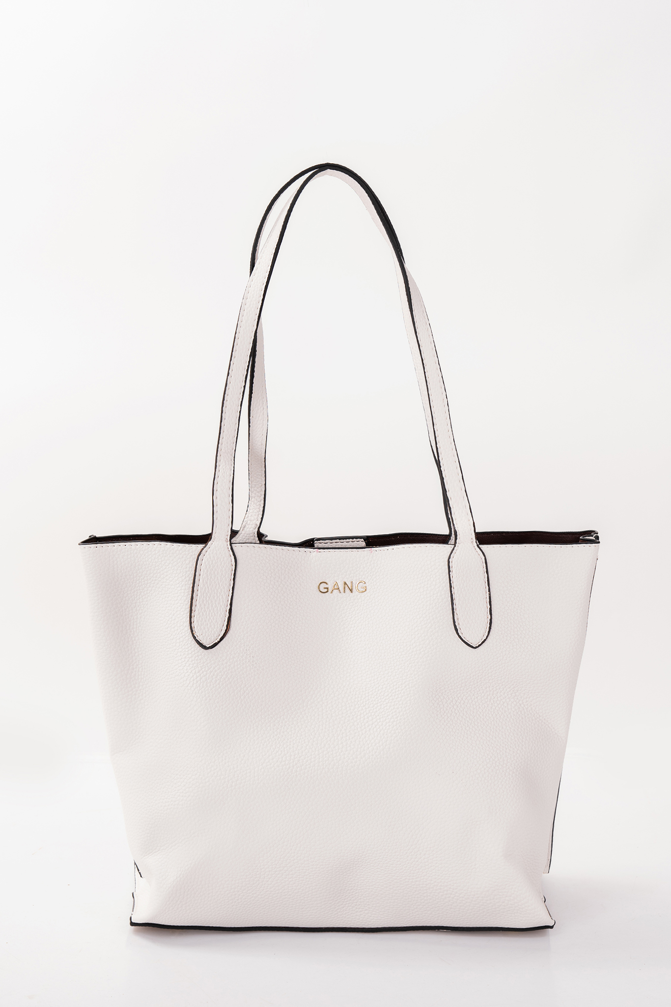 Голяма дамаска чанта в бяло с дълги дръжки и лого GANG