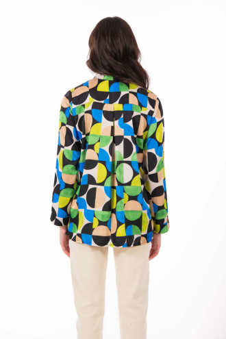 Дамска сатенирана блуза с принт многоцветни кръгове