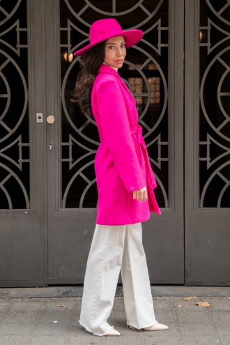 Дамско елегантно палто в цикламено розово с колан
