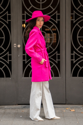 Дамско елегантно палто в цикламено розово с колан