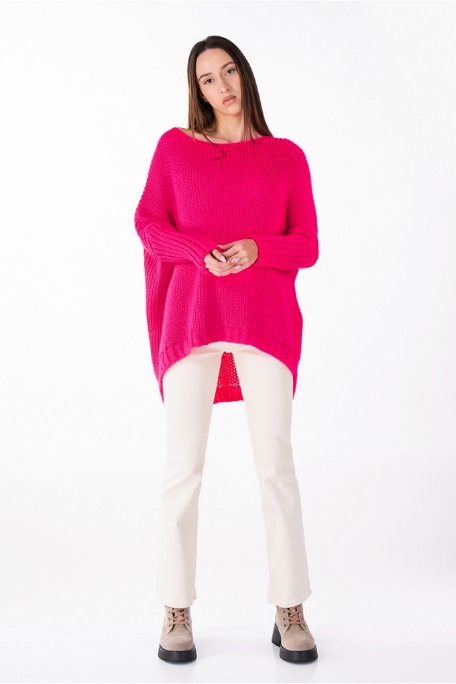Дамски пуловер от едро плетиво в цикламено розово с издължен гръб