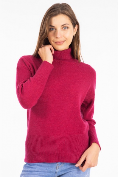 Дамски плетен пуловер в цикламено розово с поло яка
