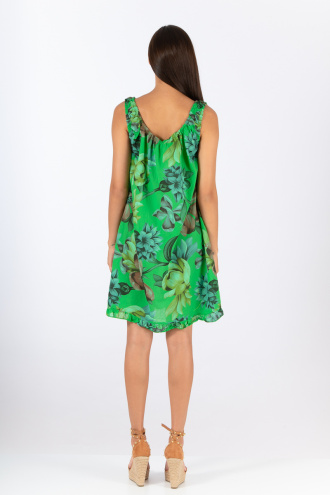 Къса рокля от памук в зелено с ластик по деколтето и принт големи цветя