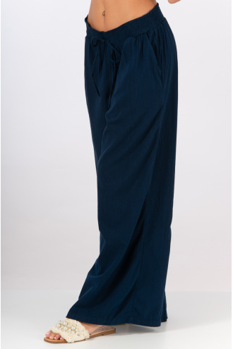 Ефирен дълъг панталон в тъмносиньо с широк ластик в талията