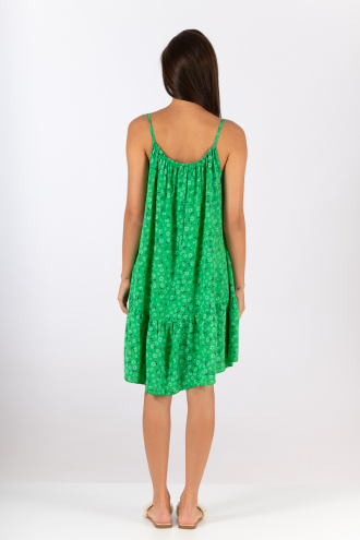 Къса рокля в зелено с тънки презрамки, ластик на деколтето и принт малки цветя