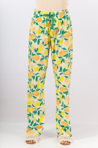 Дълъг ефирен панталон с принт лимони и портокали
