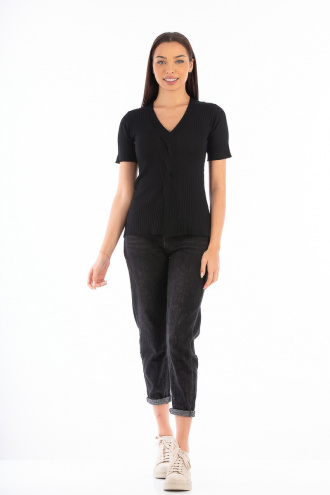 Дамска блуза от фино плетиво в черно с плитка в средата