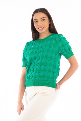 Дамска блуза от фино плетиво в зелено с ромбоиди и перли