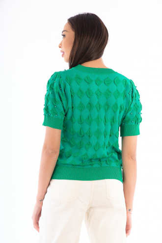 Дамска блуза от фино плетиво в зелено с ромбоиди и перли