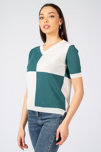Дамска блуза с къс ръкав с принт зелени и бели квадрати
