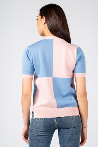 Дамска блуза с къс ръкав с принт сини и розови квадрати