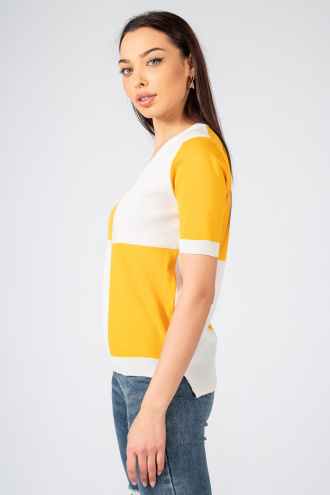 Дамска блуза с къс ръкав с принт жълти и бели квадрати