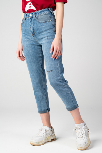 Дамски широки дънки стандартен деним в синьо със сиви джобове и накъсвания
