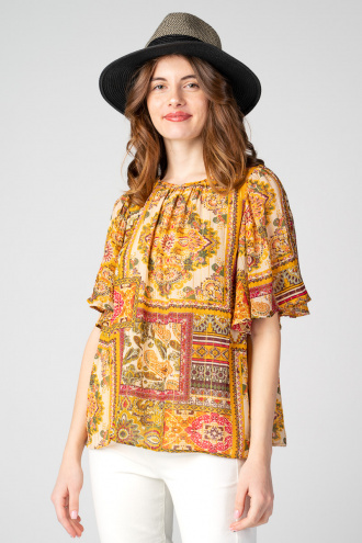 Дамска блуза от ефирна материя с индийски принт и златна нишка