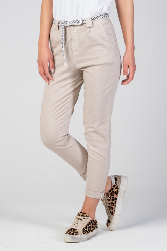 Дамски панталон от памук в бежово с плетен колан и ластик в талията