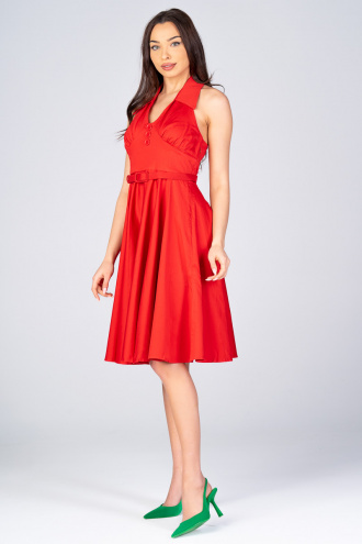 Червена рокля от памук с гол гръб