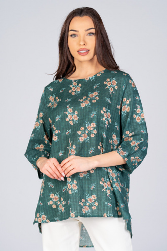 Дамска блуза в зелено със 7/8 ръкав и принт рози
