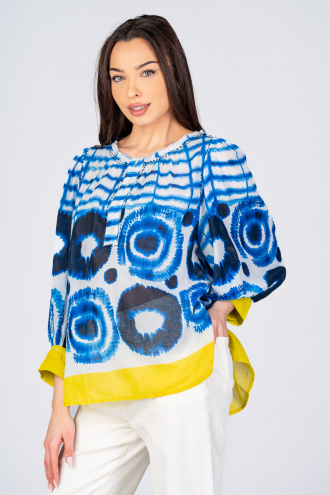 Дамска ефирна блуза тип туника в синьо, бяло и жълто