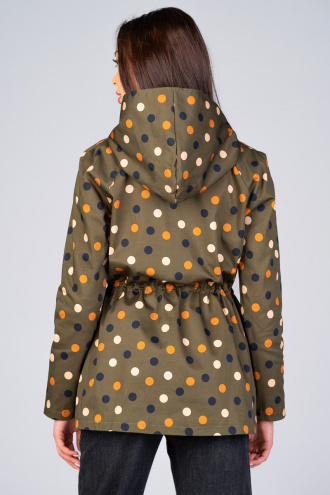 Дамско тънко яке в цвят милитъри с качулка и връзка в талията, принт цветни точки