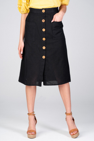 Дамска пола в черно с джобове, декорирани с копчета
