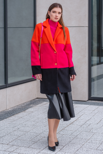 Дамско елегантно право палто в оранжево, цикламено и черно