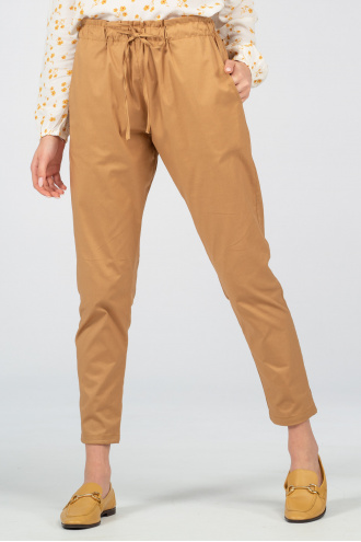 Дамски тънък панталон в цвят горчица с ластик и връзка в талията