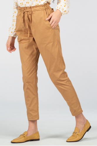 Дамски тънък панталон в цвят горчица с ластик и връзка в талията