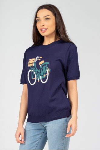 Дамска блуза в тъмносиньо с бродерия колело