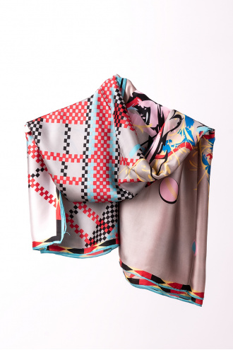 Дамски ефирен шал с коприна в розово синьо и сиво