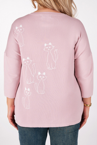 МАКСИ пуловер от фино плетиво в розово с щампа бели котки