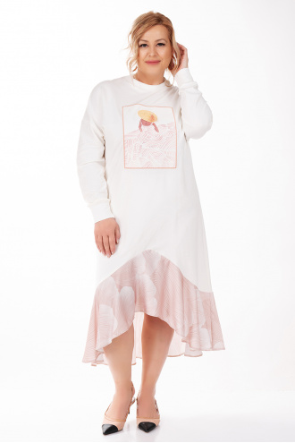 МАКСИ асиметрична рокля в бяло с принт момиче със сламена шапка