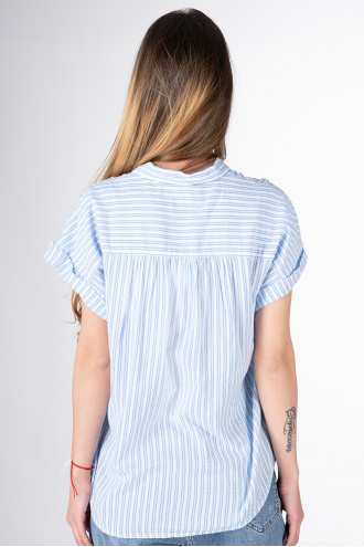 Дамска риза с къс ръкав в бяло и синьо райе