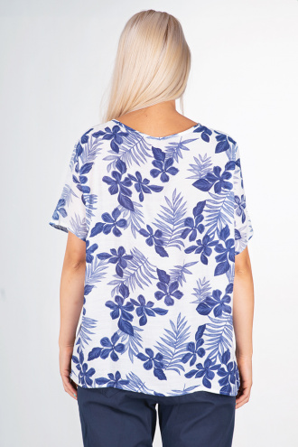Ефирна блуза с платка от дантела в бяло на сини цветя