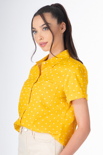 Дамска риза от памук в жълто с бели точки