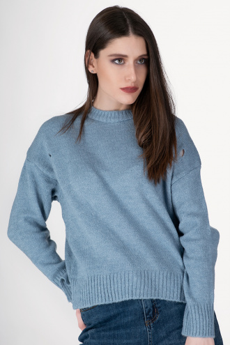 Дамски пуловер в синьо с издължен гръб