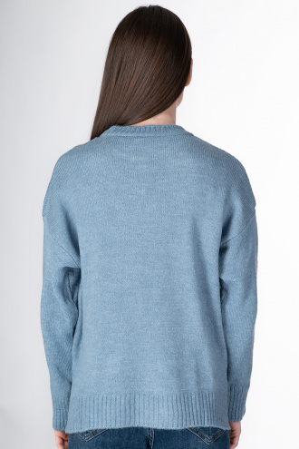 Дамски пуловер в синьо с издължен гръб
