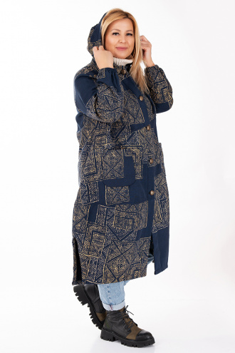 МАКСИ палто в тъмносиньо с геометричен принт