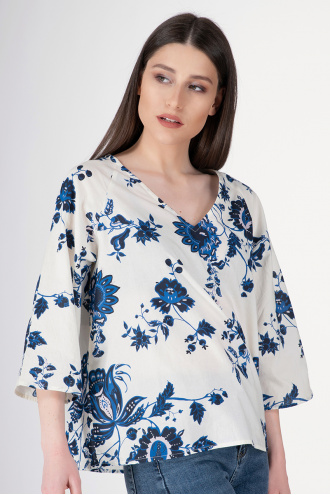 Дамска блуза от памук десен сини цветя