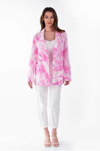 Дамско оувърсайз сако в розово с принт бели листа