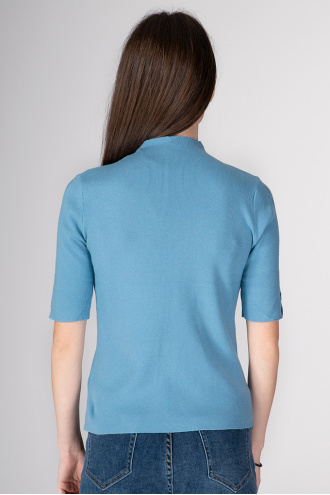 Дамска блуза от фино плетиво в синьо с 3/4 ръкав и лента с камъни