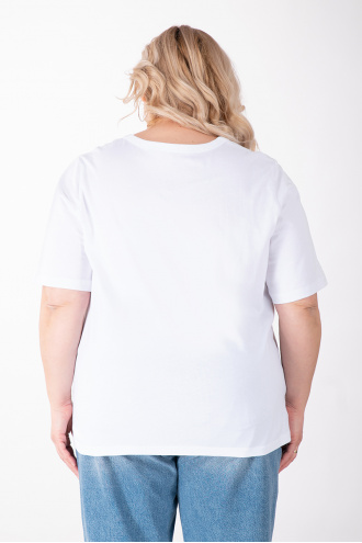 МАКСИ блуза в бяло с остро деколте, щампа и надпис