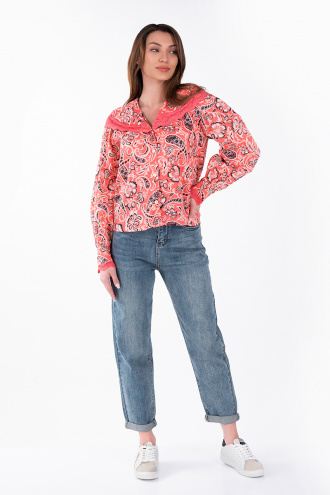 Дамска риза от памук в цвят корал с флорален етно принт