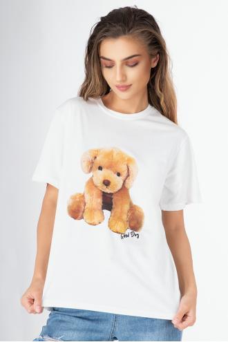 Дамска тениска в бяло със щампа кученце