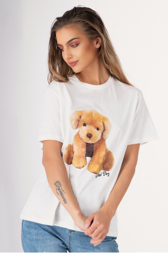Дамска тениска в бяло със щампа кученце
