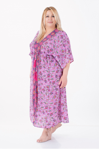 МАКСИ дълга рокля от коприна в лилаво с цветен етно принт