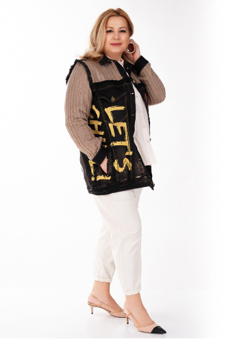 МАКСИ дънково яке в черно с плетени ръкави и цветни щампа с надписи