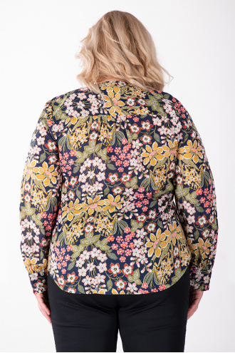 МАКСИ ефирна блуза с флорален принт на тъмносиня основа
