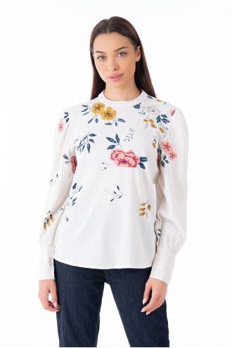 Дамска блуза от памук в светлосиво с бродирани цветя