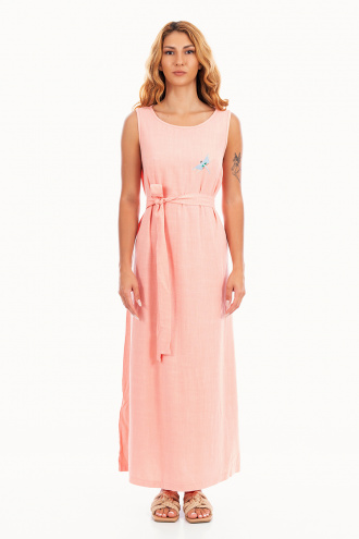 Дълга права рокля ''Dragonfly'' в розово с бродирано водно конче
